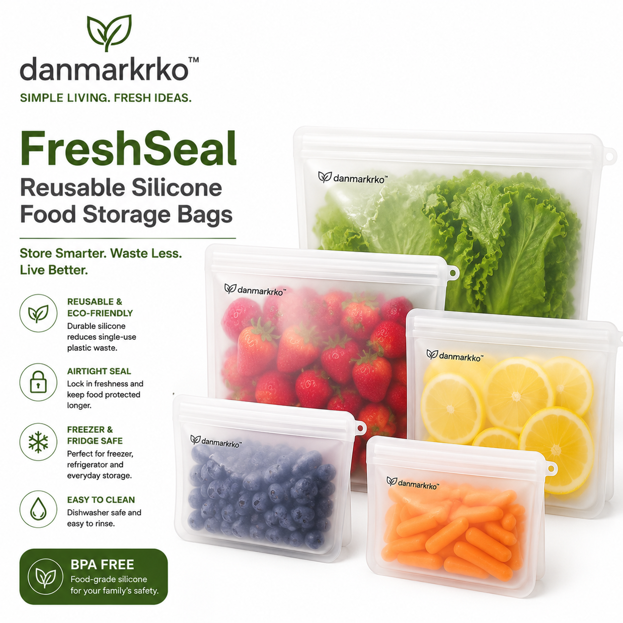 danmarkrko™ FreshSeal Reusable Silicone Food Storage Bags